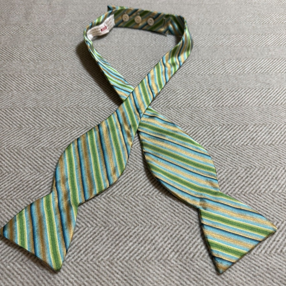 Carrot & Gibbs Handmade Pure Silk Bow Tie Green Blue Gold Striped Adjustable